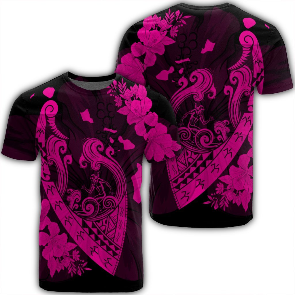 Hawaiian Fish Hook Hibiscus Banzai Surfing Polynesian T Shirt Pink Unisex Black - Polynesian Pride