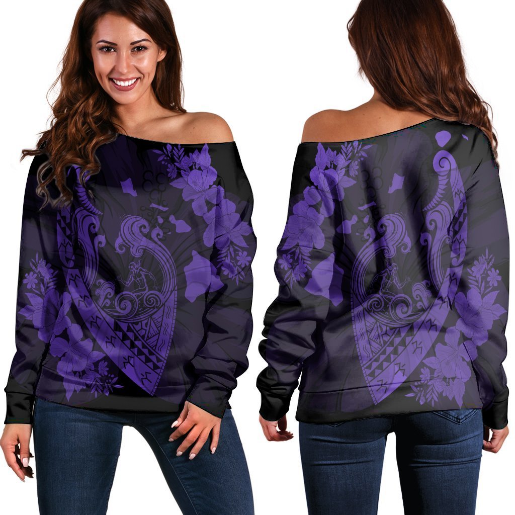 Hawaiian Fish Hook Hibiscus Banzai Surfing Polynesian Women's Off Shoulder Sweater Purple - AH Black - Polynesian Pride