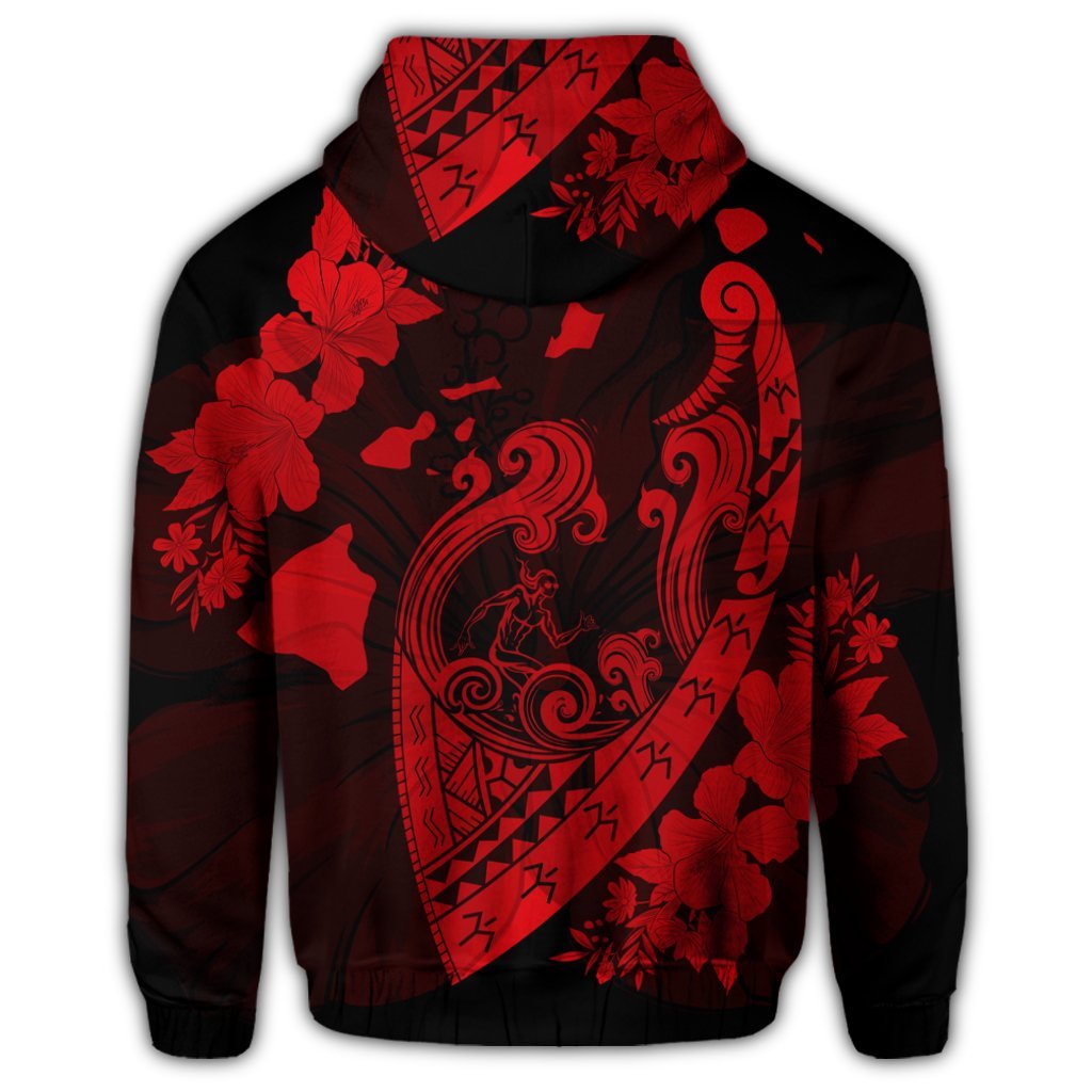 Hawaiian Fish Hook Hibiscus Banzai Surfing Polynesian Zip Hoodie Red - Polynesian Pride