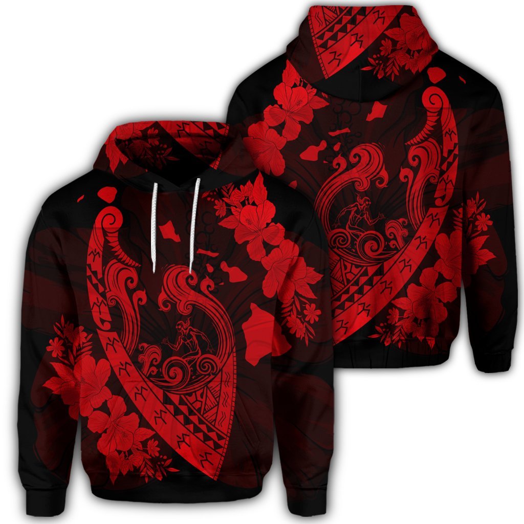 Hawaiian Fish Hook Hibiscus Banzai Surfing Polynesian Hoodie Red Unisex Art - Polynesian Pride