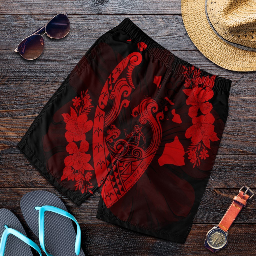 Hawaiian Fish Hook Hibiscus Banzai Surfing Polynesian Men's Shorts Red - AH Art - Polynesian Pride