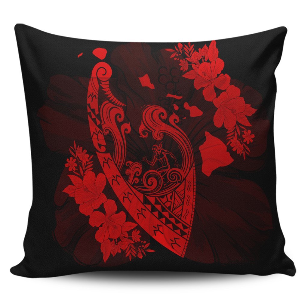 Hawaiian Fish Hook Hibiscus Banzai Surfing Polynesian Pillow Covers Red - AH Pillow Covers Black - Polynesian Pride