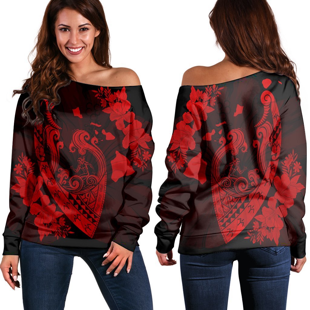 Hawaiian Fish Hook Hibiscus Banzai Surfing Polynesian Women's Off Shoulder Sweater Red - AH Black - Polynesian Pride