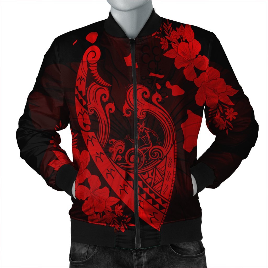 Hawaiian Fish Hook Hibiscus Banzai Surfing Polynesian Bomber Jacket Red - AH Black Unisex - Polynesian Pride