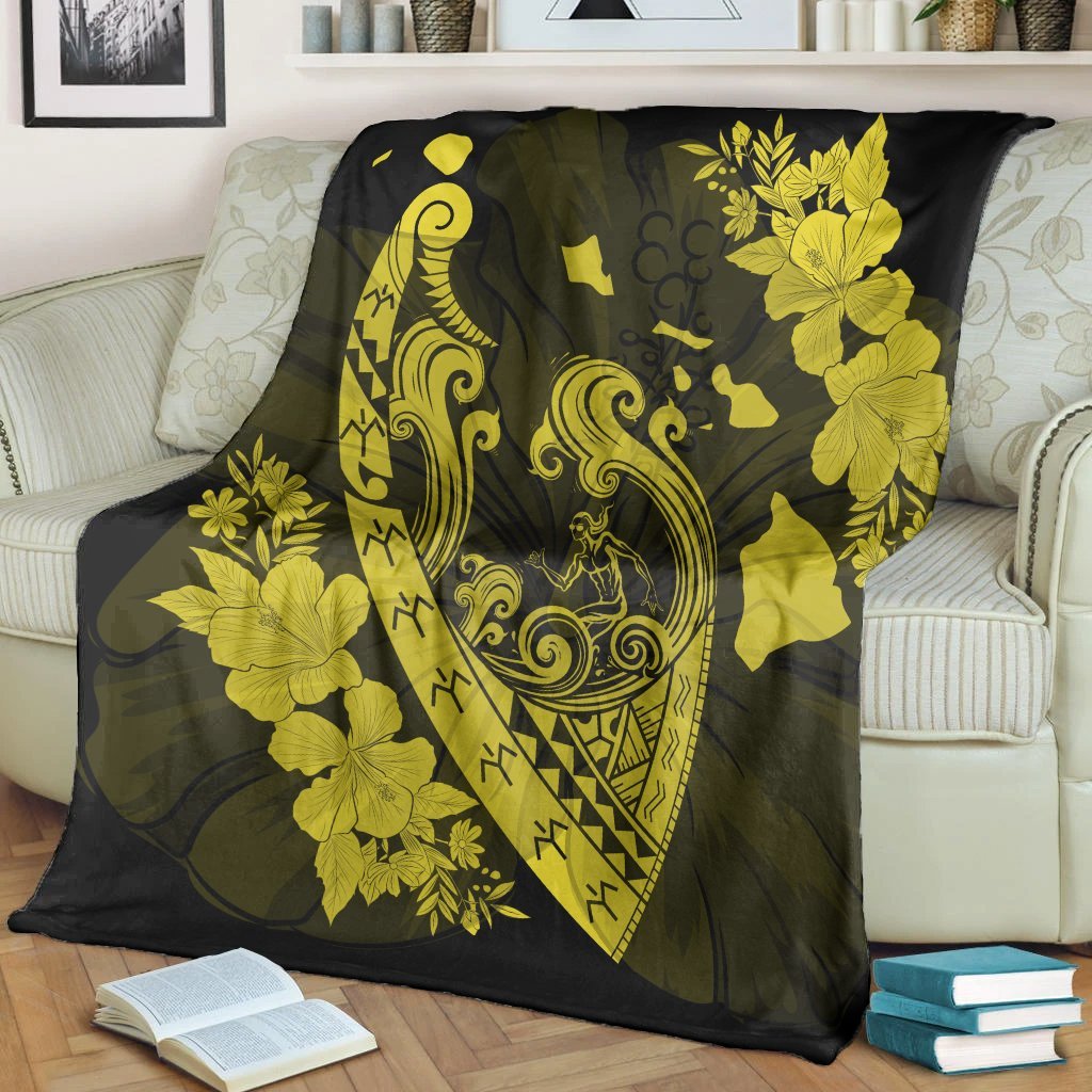 Hawaiian Fish Hook Hibiscus Banzai Surfing Polynesian Premium Blankets Yellow - AH - Polynesian Pride