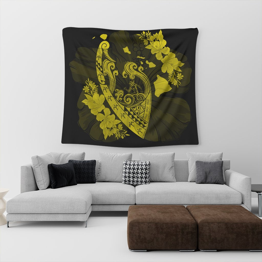 Hawaiian Fish Hook Hibiscus Banzai Surfing Polynesian Tapestry Yellow - AH - Polynesian Pride
