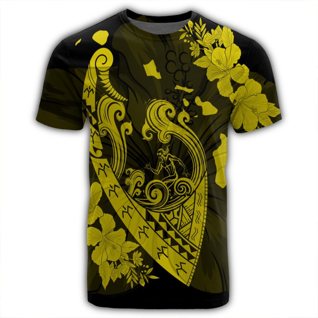 Hawaiian Fish Hook Hibiscus Banzai Surfing Polynesian T Shirt Yellow - Polynesian Pride