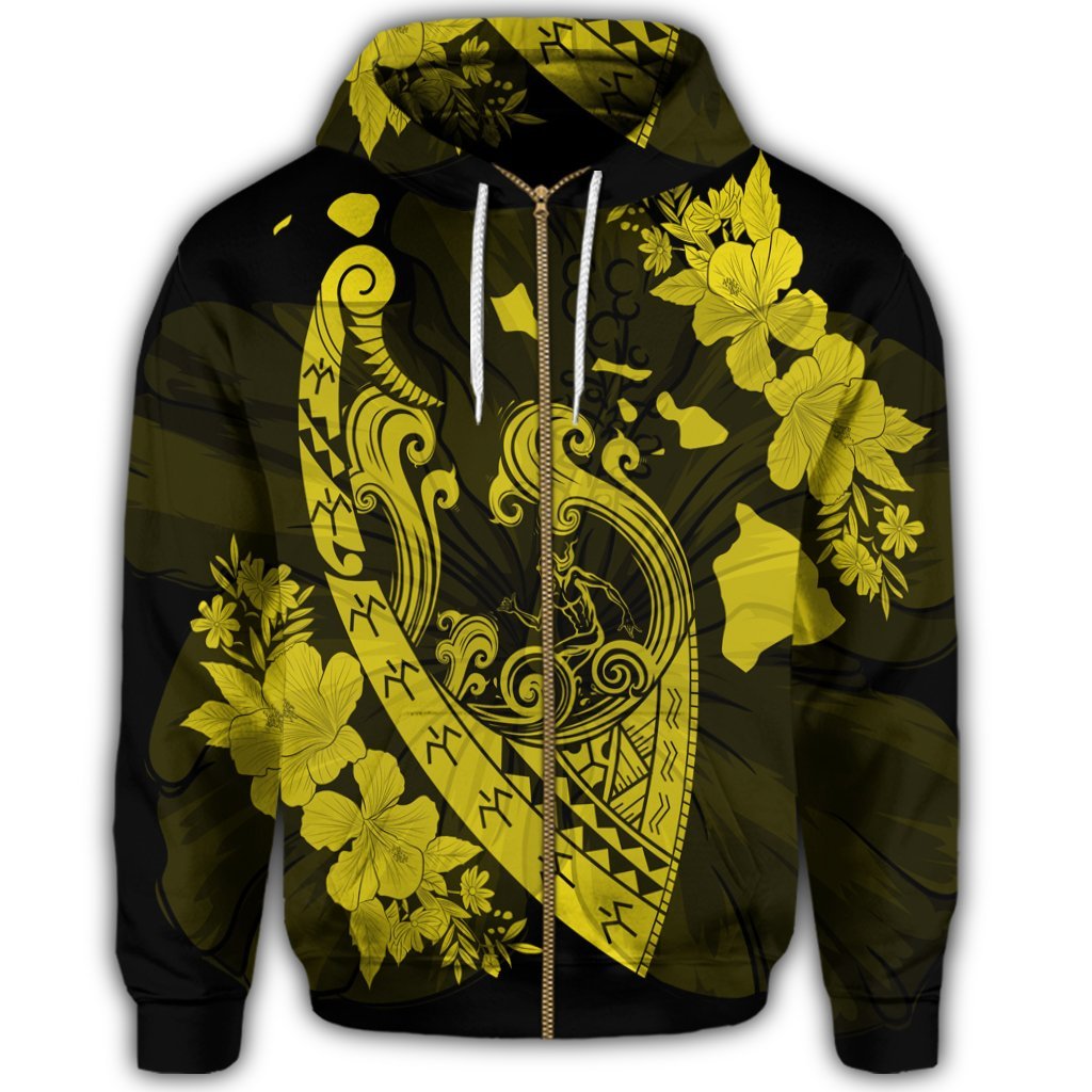 Hawaiian Fish Hook Hibiscus Banzai Surfing Polynesian Zip Hoodie Yellow - Polynesian Pride