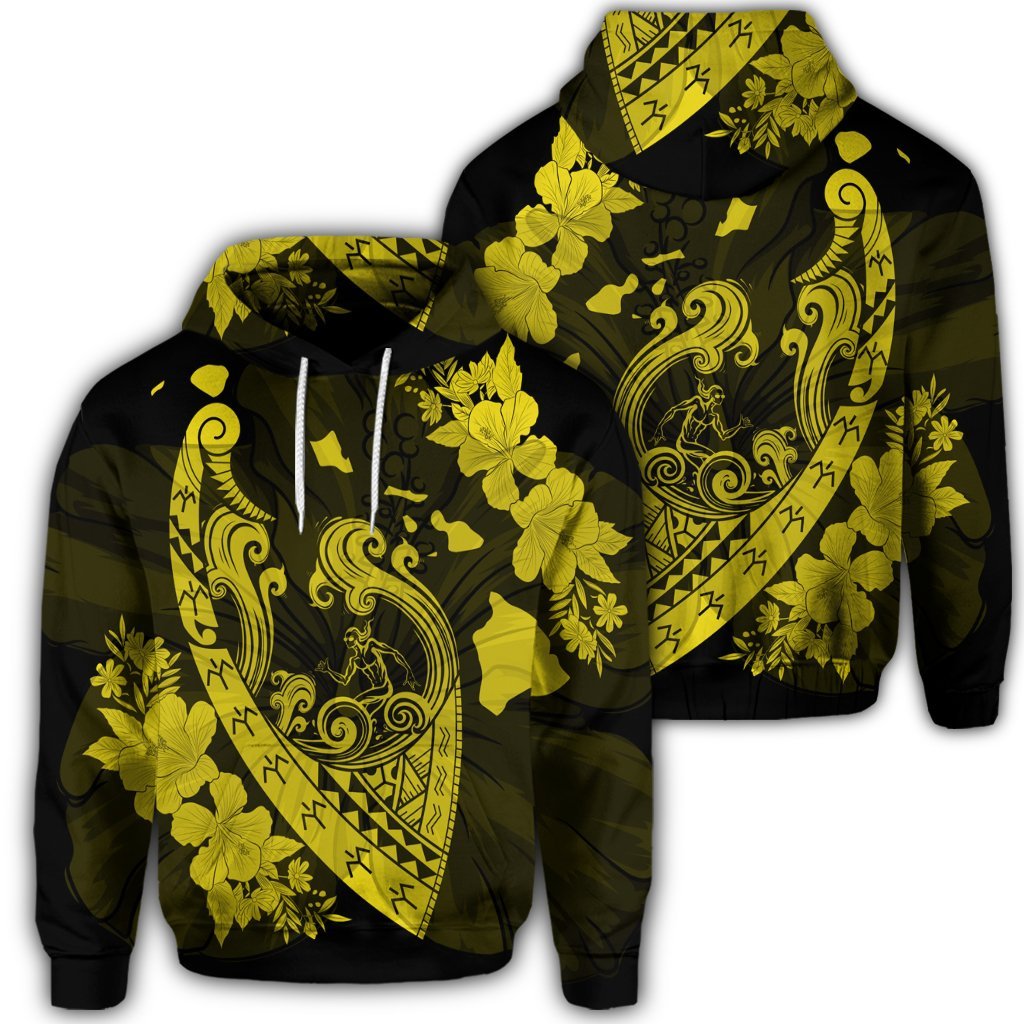 Hawaiian Fish Hook Hibiscus Banzai Surfing Polynesian Hoodie Yellow Unisex Art - Polynesian Pride