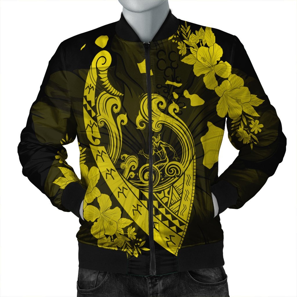 Hawaiian Fish Hook Hibiscus Banzai Surfing Polynesian Bomber Jacket Yellow - AH Black Unisex - Polynesian Pride