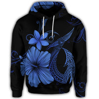 Hawaiian Fish Hook Hibiscus Plumeria Polynesian Hoodie Blue - Polynesian Pride