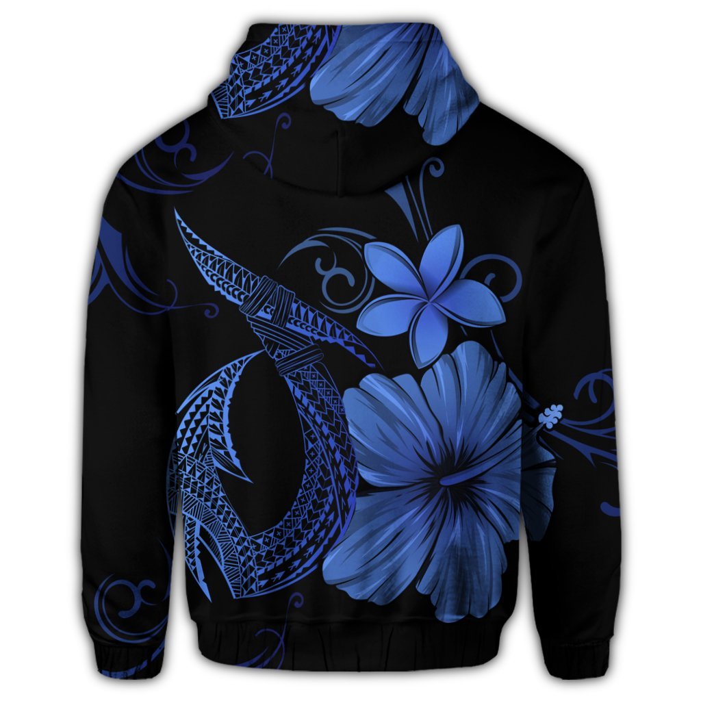 Hawaiian Fish Hook Hibiscus Plumeria Polynesian Zip Hoodie Blue - Polynesian Pride