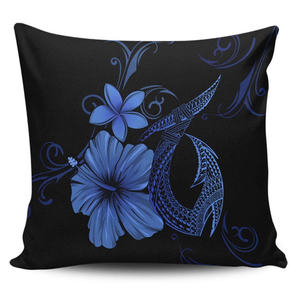 Hawaiian Fish Hook Hibiscus Plumeria Polynesian Pillow Covers - Blue - AH Pillow Covers Black - Polynesian Pride