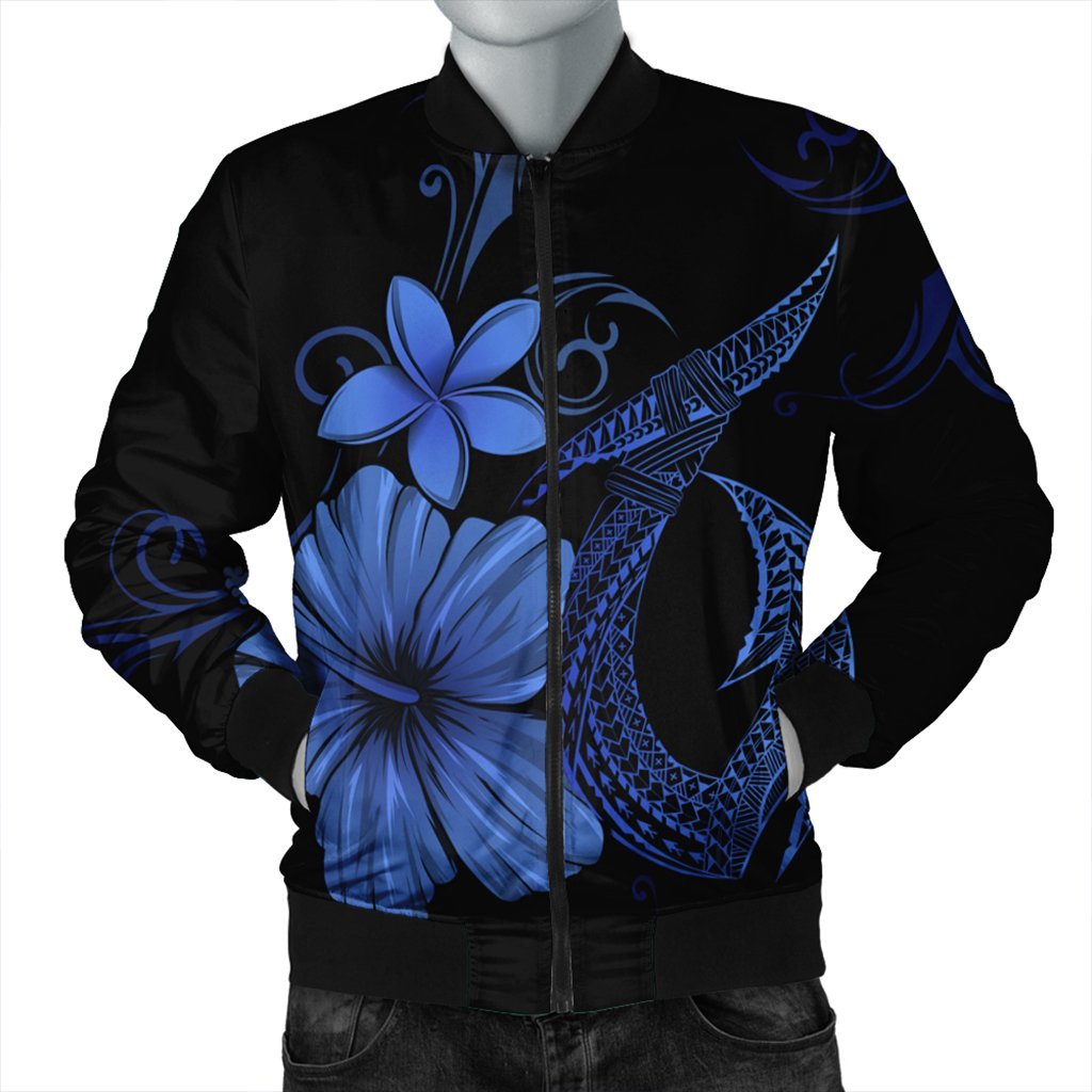 Hawaiian Fish Hook Hibiscus Plumeria Polynesian Bomber Jacket - Blue - AH Black Unisex - Polynesian Pride