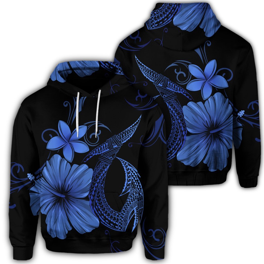 Hawaiian Fish Hook Hibiscus Plumeria Polynesian Hoodie Blue Unisex Art - Polynesian Pride