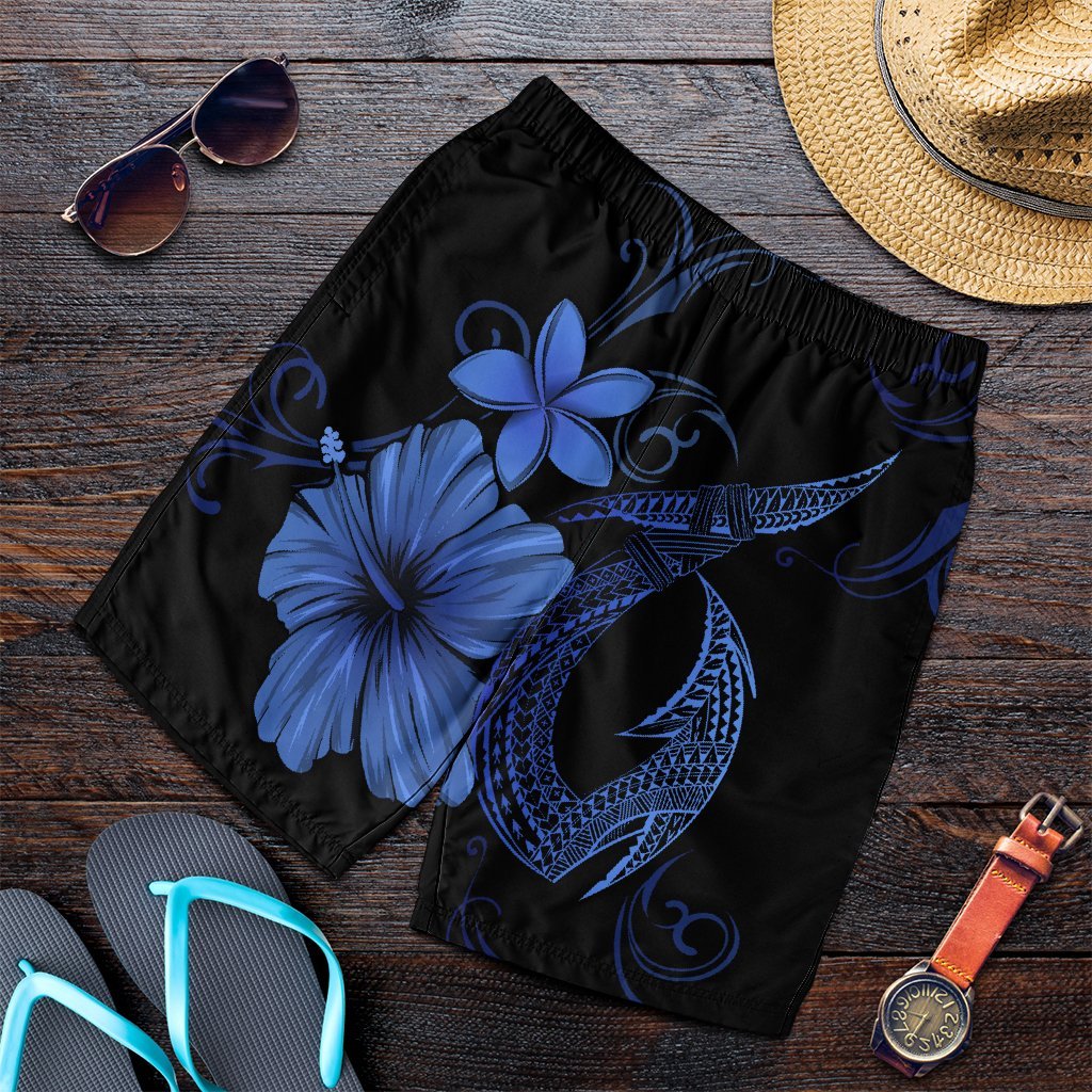 Hawaiian Fish Hook Hibiscus Plumeria Polynesian Men's Shorts - Blue - AH Art - Polynesian Pride