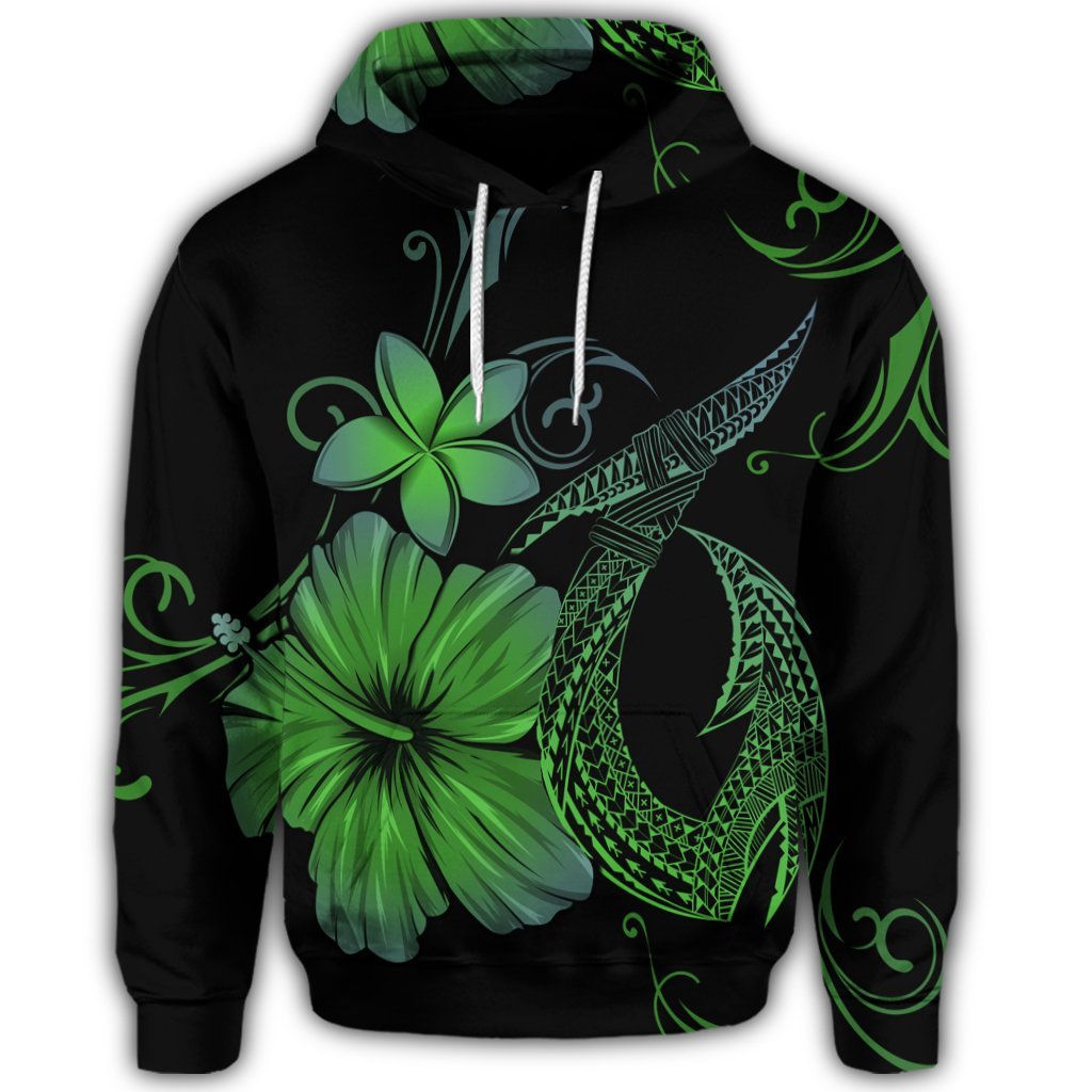 Hawaiian Fish Hook Hibiscus Plumeria Polynesian Hoodie Green - Polynesian Pride
