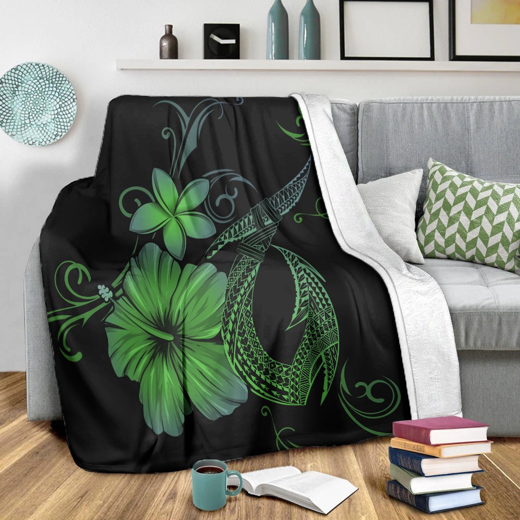 Hawaiian Fish Hook Hibiscus Plumeria Polynesian Premium Blankets - Green - AH - Polynesian Pride