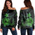 Hawaiian Fish Hook Hibiscus Plumeria Polynesian Women's Off Shoulder Sweater - Green - AH Black - Polynesian Pride