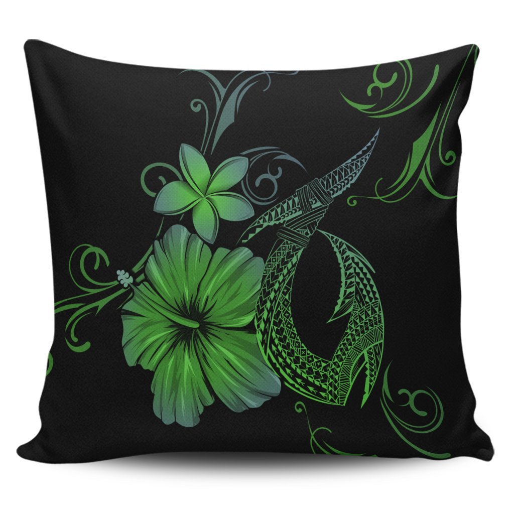 Hawaiian Fish Hook Hibiscus Plumeria Polynesian Pillow Covers - Green - AH Pillow Covers Black - Polynesian Pride