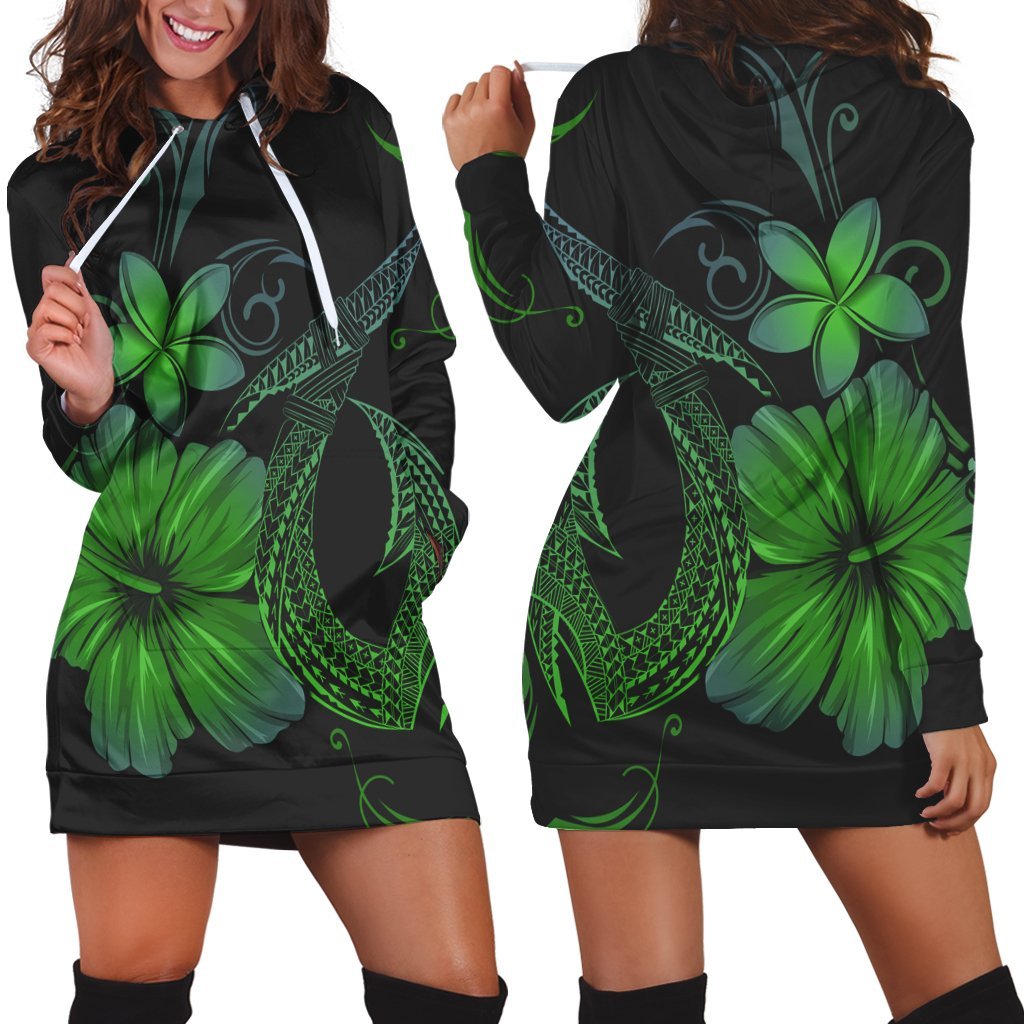 Hawaiian Fish Hook Hibiscus Plumeria Polynesian Hoodie Dress - Green - AH Black - Polynesian Pride