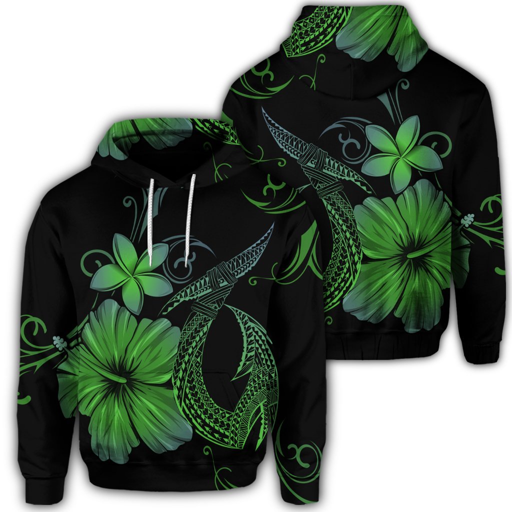 Hawaiian Fish Hook Hibiscus Plumeria Polynesian Hoodie Green Unisex Art - Polynesian Pride