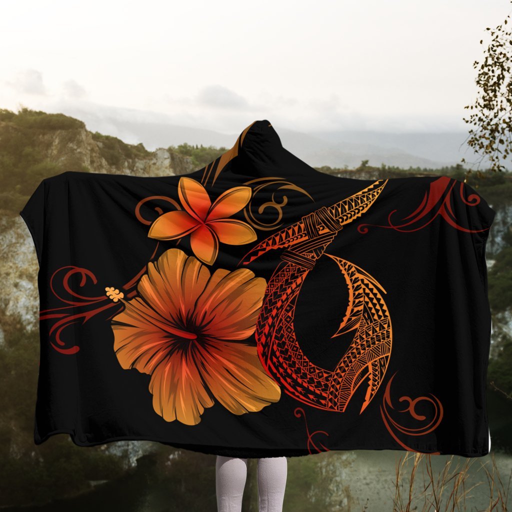 Hawaiian Fish Hook Hibiscus Plumeria Polynesian Hooded Blanket - Orange - AH - Polynesian Pride