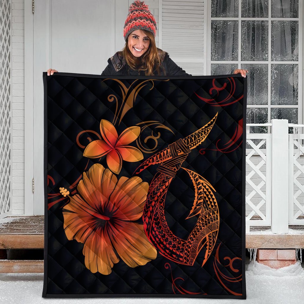 Hawaiian Fish Hook Hibiscus Plumeria Polynesian Premium Quilts - Orange - AH - Polynesian Pride