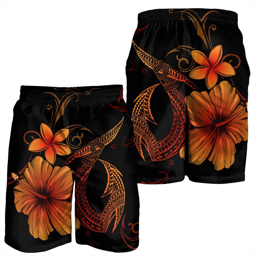 Hawaiian Fish Hook Hibiscus Plumeria Polynesian Men's Shorts - Orange - AH - Polynesian Pride