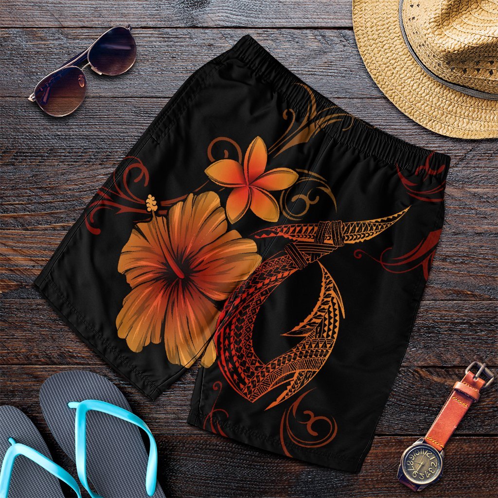 Hawaiian Fish Hook Hibiscus Plumeria Polynesian Men's Shorts - Orange - AH Art - Polynesian Pride