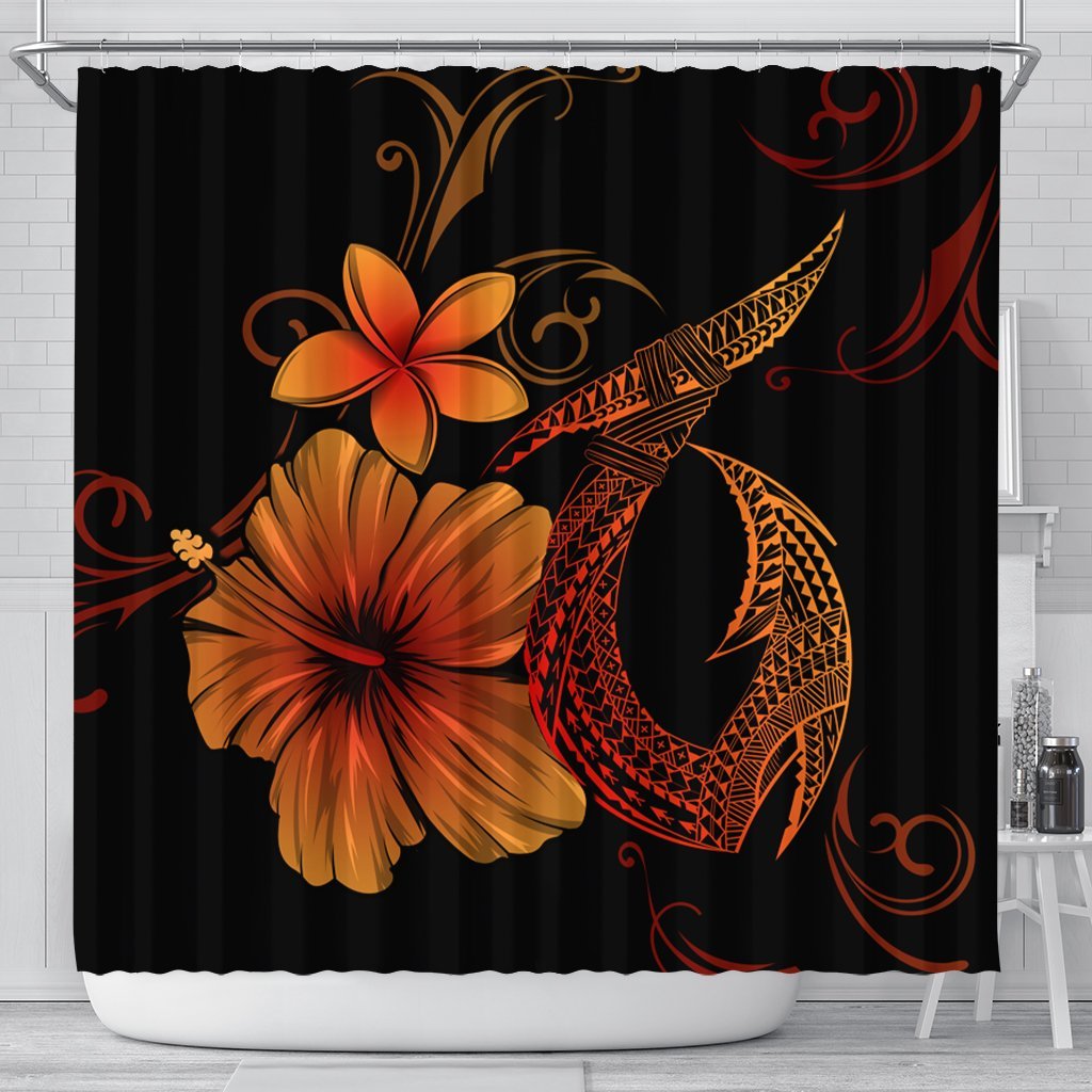 Hawaiian Fish Hook Hibiscus Plumeria Polynesian Shower Curtain - Orange - AH 177 x 172 (cm) Black - Polynesian Pride