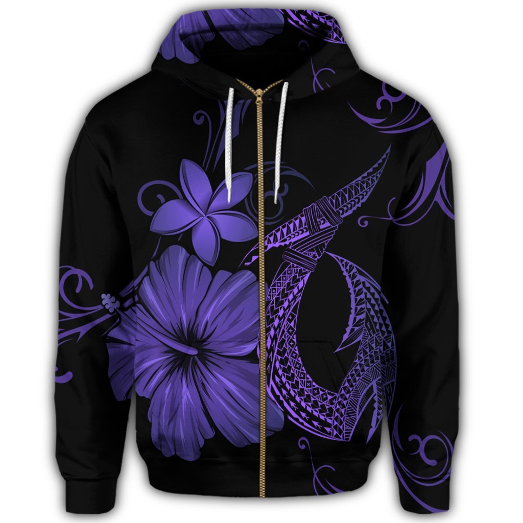 Hawaiian Fish Hook Hibiscus Plumeria Polynesian Zip Hoodie Purple - Polynesian Pride