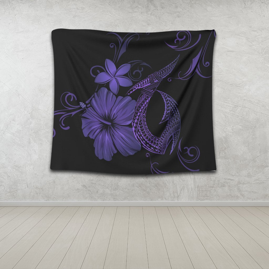 Hawaiian Fish Hook Hibiscus Plumeria Polynesian Tapestry - Purple - AH - Polynesian Pride