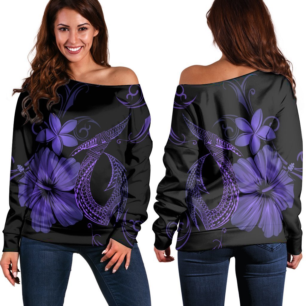 Hawaiian Fish Hook Hibiscus Plumeria Polynesian Women's Off Shoulder Sweater - Purple - AH Black - Polynesian Pride