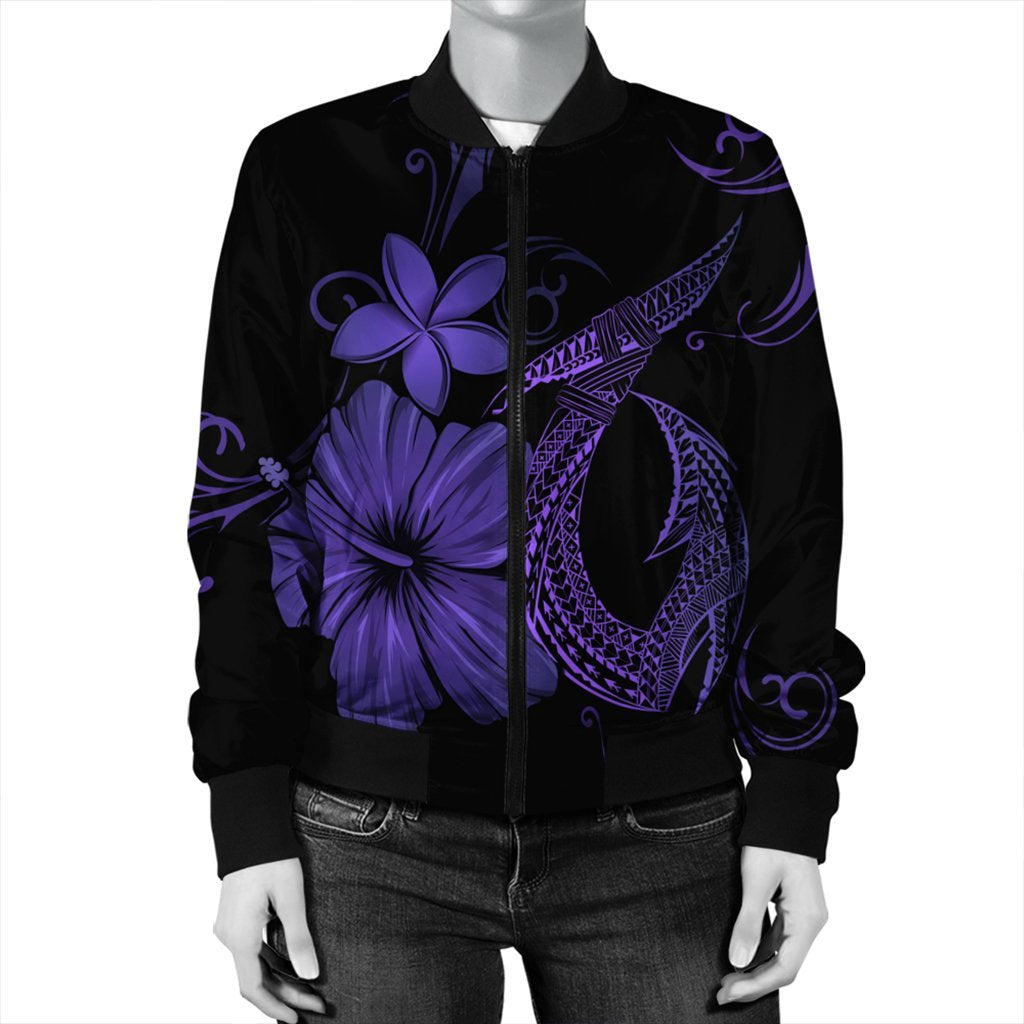 Hawaiian Fish Hook Hibiscus Plumeria Polynesian Bomber Jacket - Purple - AH - Polynesian Pride