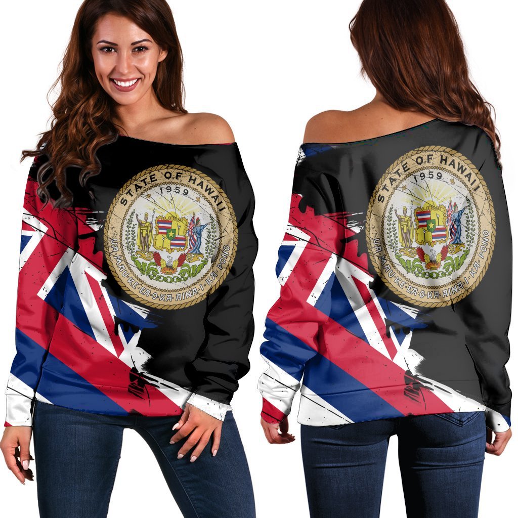 Hawaiian Flag Coat Of Arms Of Hawaii Polynesian Women's Off Shoulder Sweater - Classic Style Black - Polynesian Pride