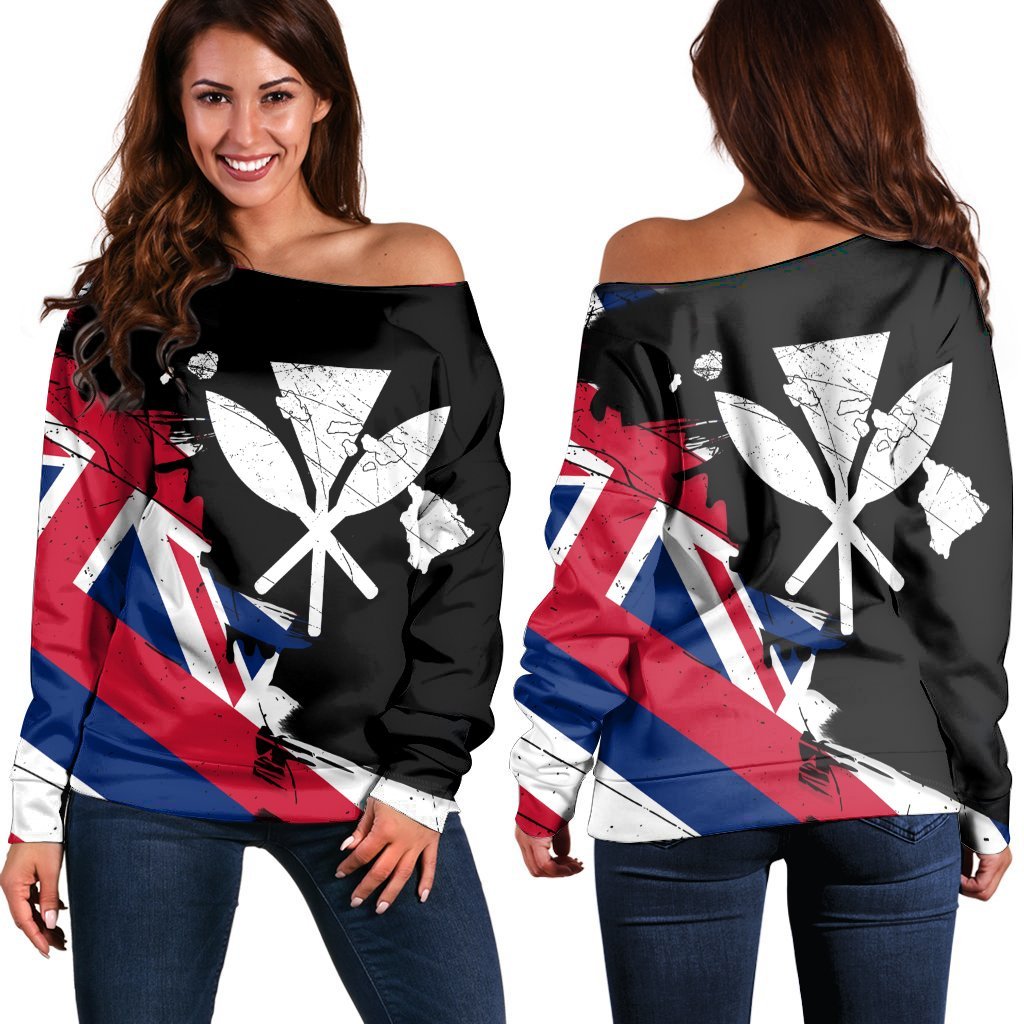 Hawaiian Flag Hawaii Map Kanaka Polynesian Women's Off Shoulder Sweater - Classic Style Black - Polynesian Pride