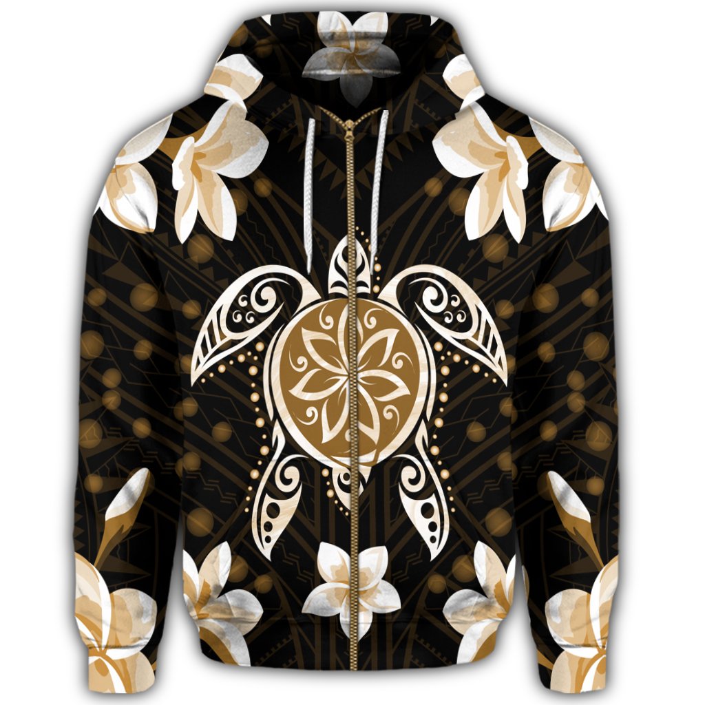 Hawaiian Gold Turtle Plumeria Zip Hoodie - Polynesian Pride