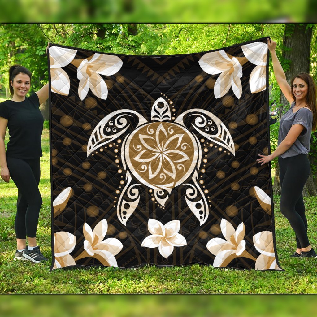 Hawaiian Gold Turtle Plumeria Premium Quilts AH Black - Polynesian Pride
