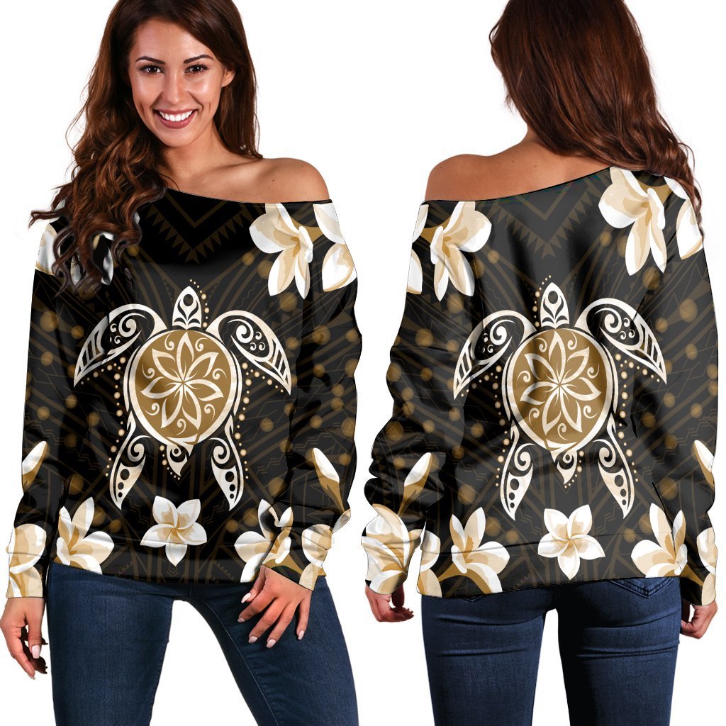 Hawaiian Gold Turtle Plumeria Women's Off Shoulder Sweater AH Black - Polynesian Pride