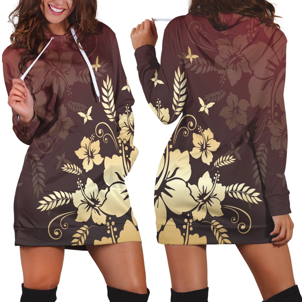 Hawaiian Golden Hibiscus Butterfly Polynesian Hoodie Dress - AH Black - Polynesian Pride