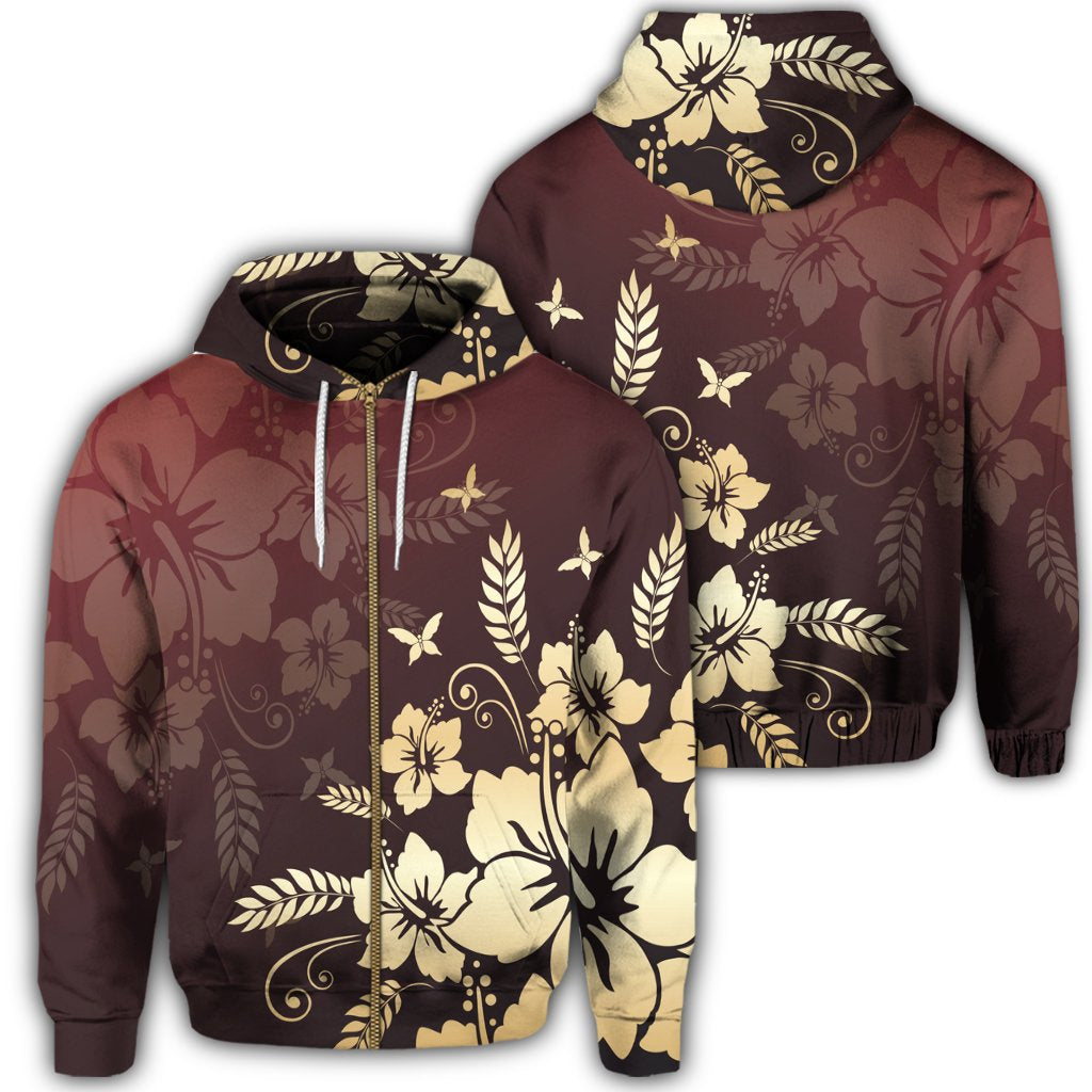Hawaiian Golden Hibiscus Butterfly Polynesian Zip Hoodie Unisex Art - Polynesian Pride