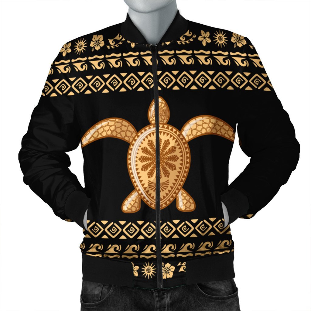 Hawaiian Golden Turtle Hibiscus Plumeria Polynesian Bomber Jacket - AH Black Unisex - Polynesian Pride