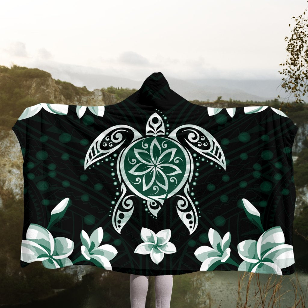 Hawaiian Greenie Turtle Plumeria Hooded Blanket AH - Polynesian Pride