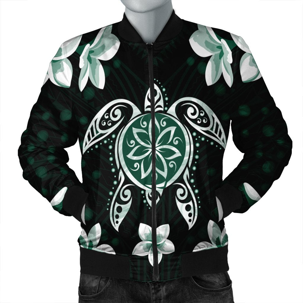 Hawaiian Greenie Turtle Plumeria Bomber Jacket AH Black Unisex - Polynesian Pride