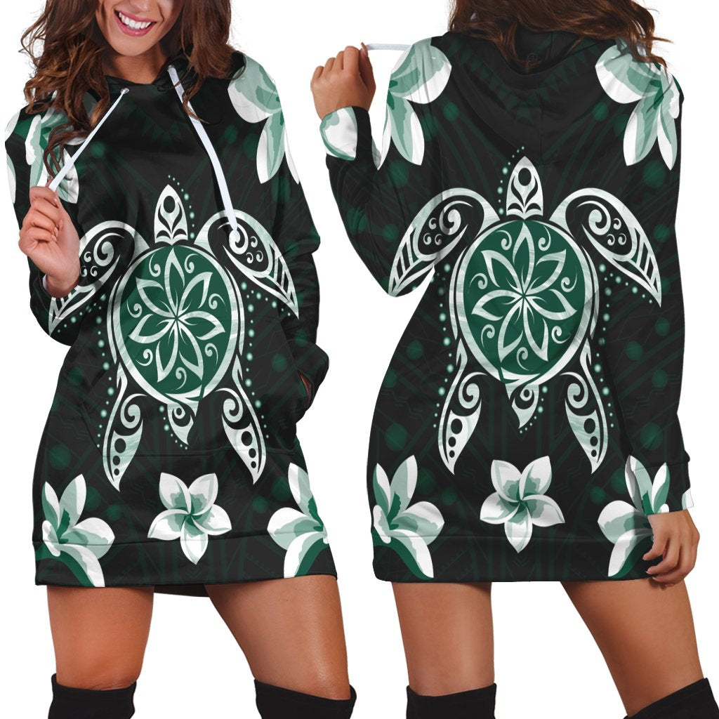 Hawaiian Greenie Turtle Plumeria Hoodie Dress AH Black - Polynesian Pride