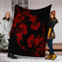 Hawaiian Hammerhead Shark Hibiscus Red Polynesian Premium Blankets - AH - Polynesian Pride
