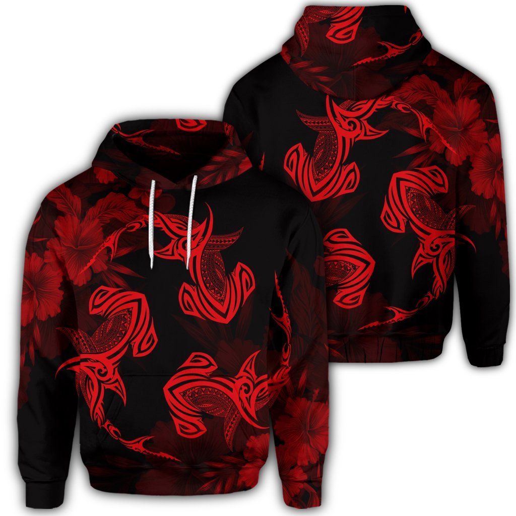 Hawaiian Hammerhead Shark Hibiscus Red Polynesian Hoodie Unisex Art - Polynesian Pride