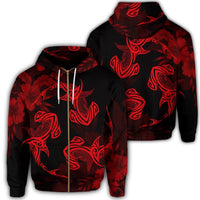 Hawaiian Hammerhead Shark Hibiscus Red Polynesian Zip Hoodie Unisex Art - Polynesian Pride