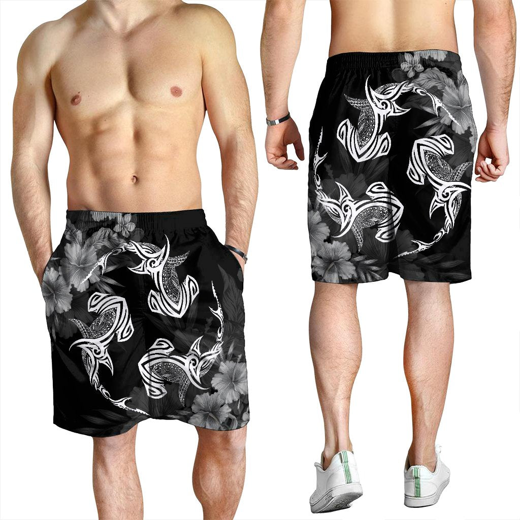 Hawaiian Hammerhead Shark Hibiscus White Polynesian Men's Shorts - AH - Polynesian Pride
